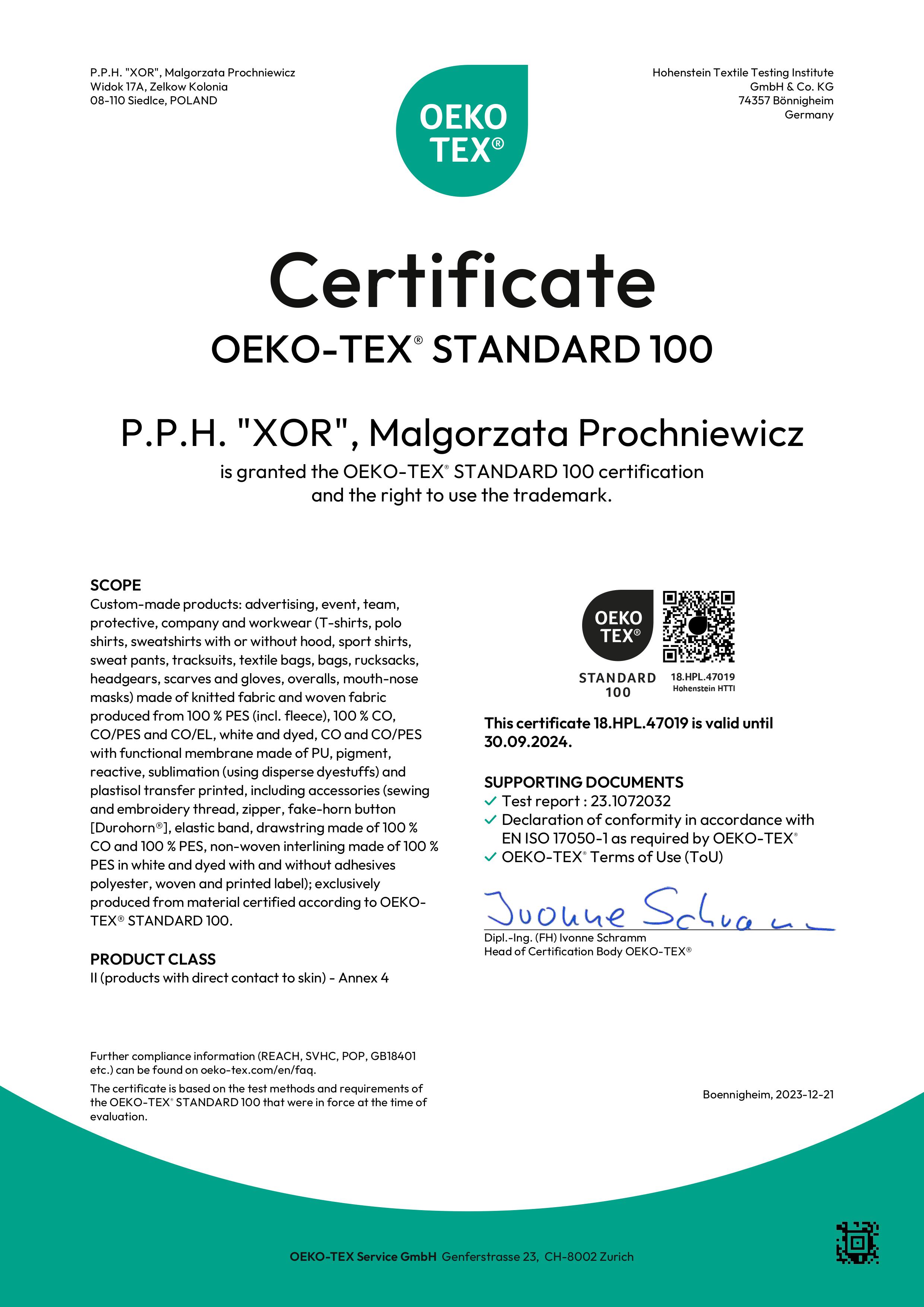 Certyfikat Oeko-Tex Standard 100